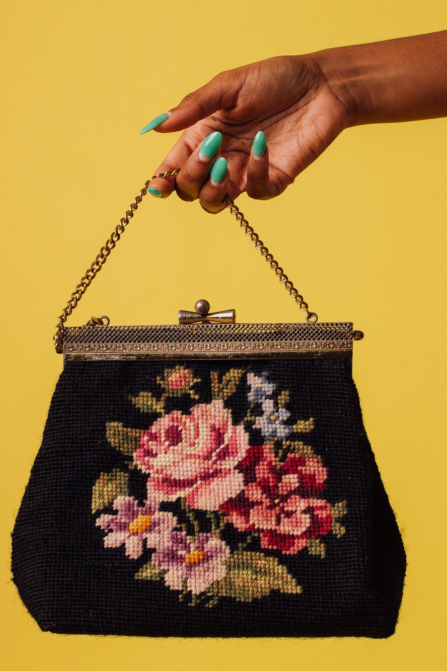 Vintage Black Floral Knit Clutch Purse