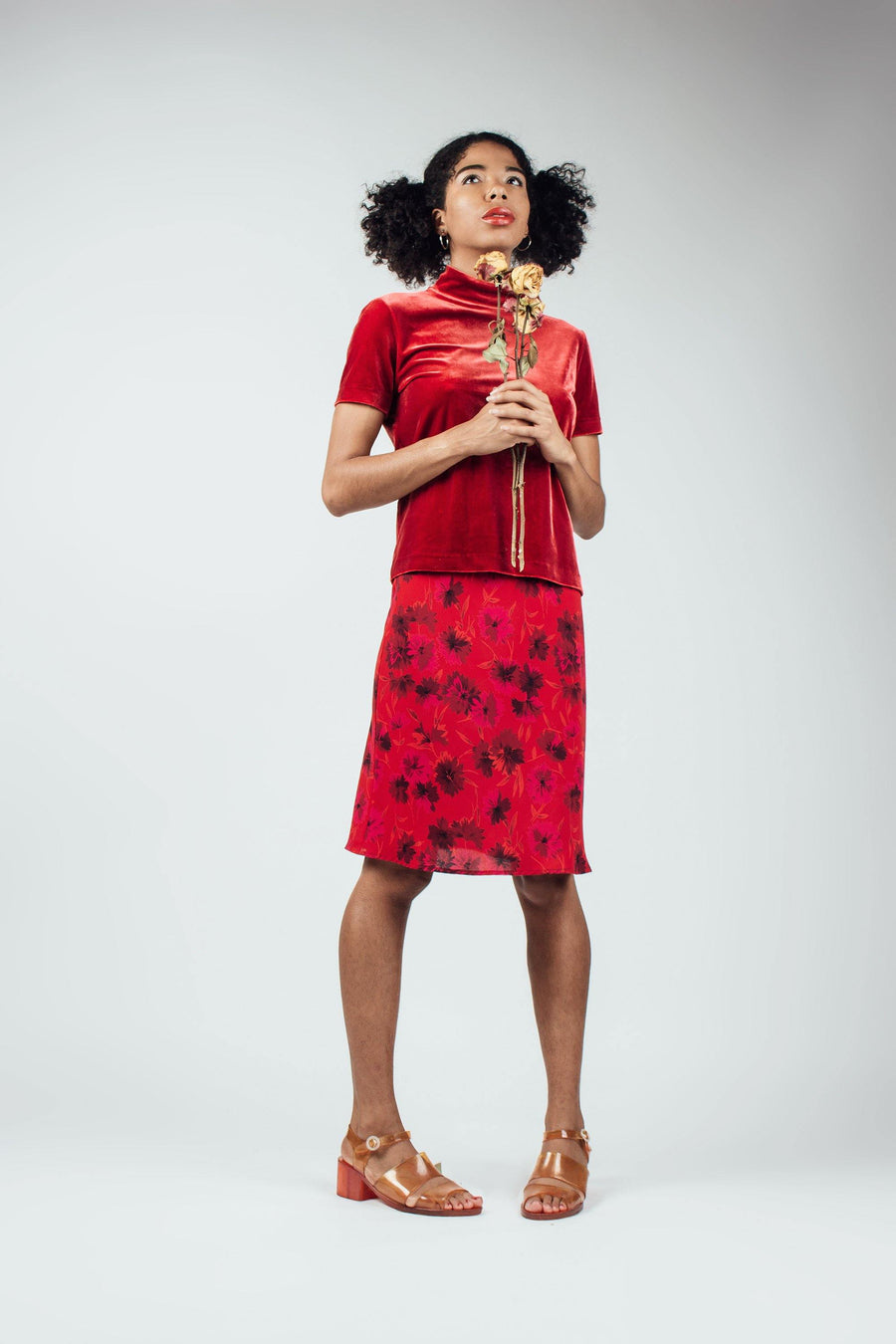 Vintage Red Floral Midi Skirt - Mawoolisa
