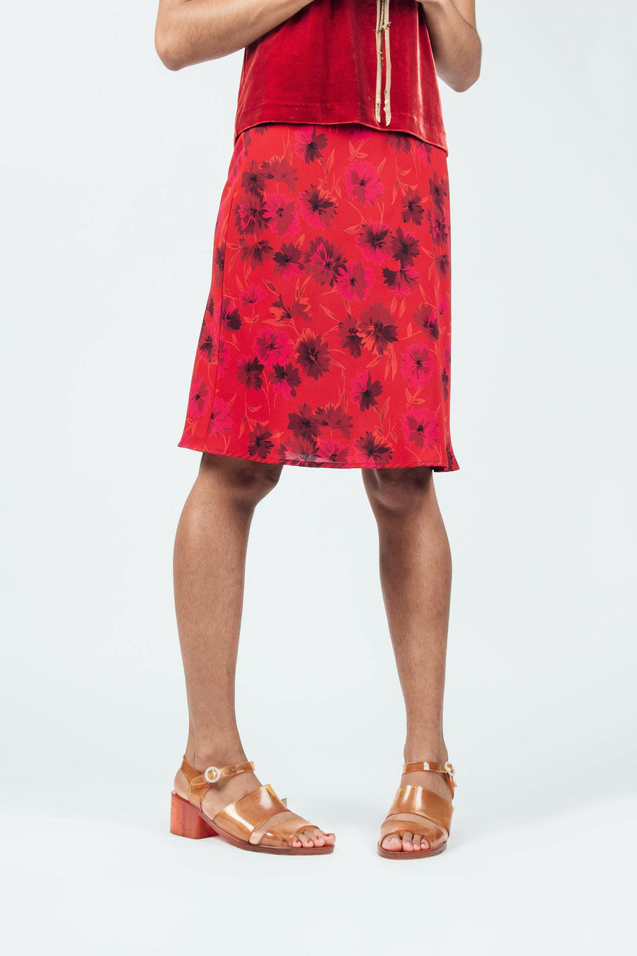 Vintage Red Floral Midi Skirt - Mawoolisa
